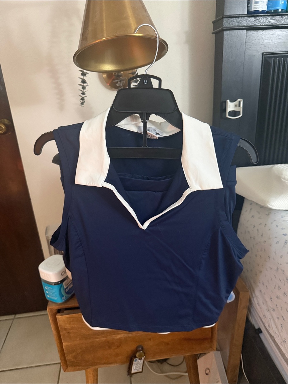 Navy Blue tennis set Sleeveless Collared Women’s Top with White Trim and skirt
